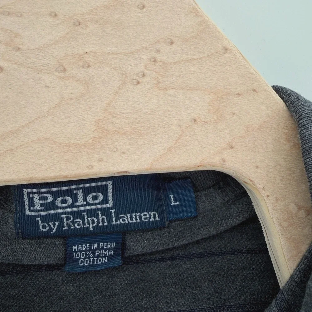 Polo Ralph Lauren Long Sleeve Polo Mens L Grey Striped Preppy Classic Logo VTG